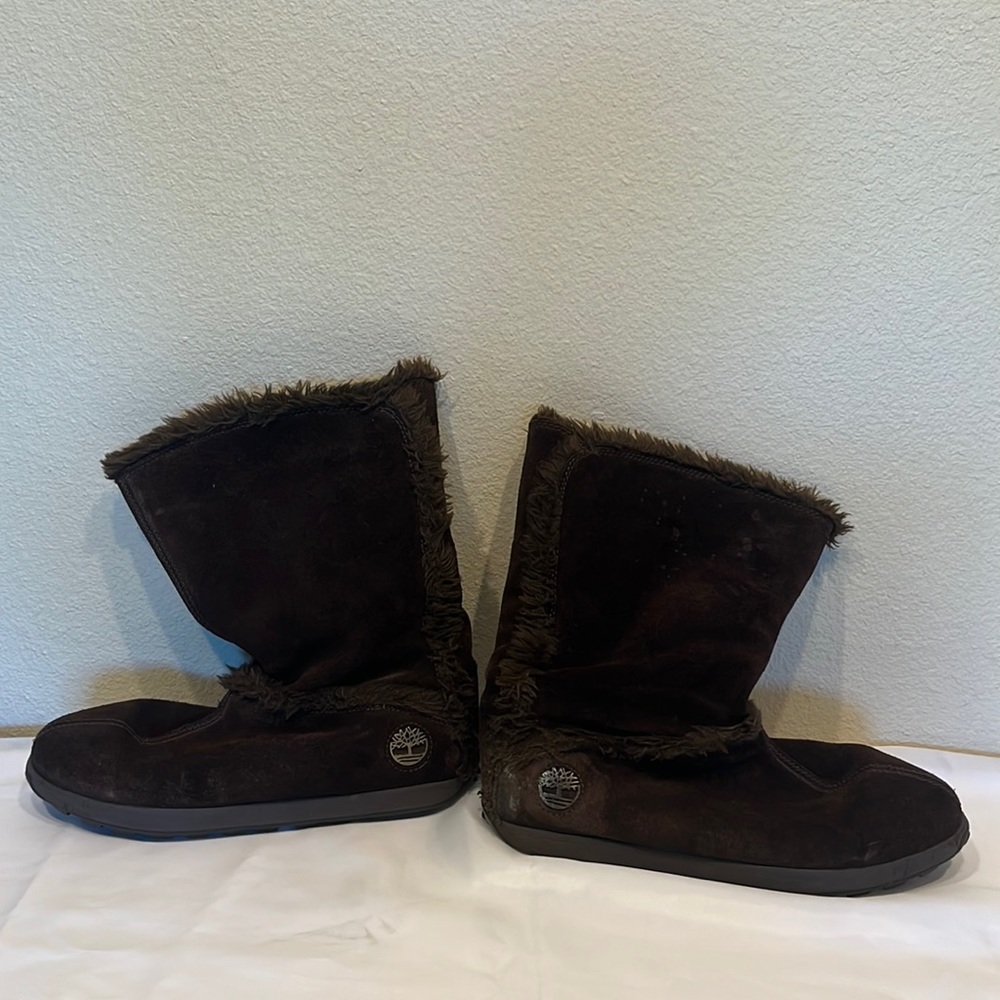 Timberland size 11 brown suede fur insulated high calf boots